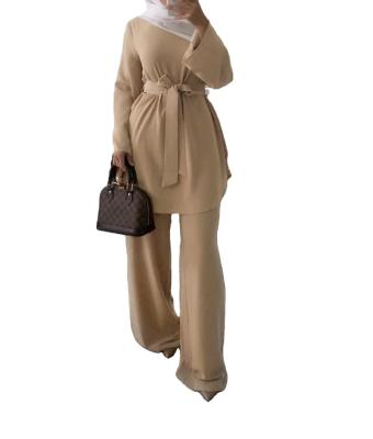 China Muslim top and pant suits with belt MXCHAN SJH2302 2021 top and pant suits set Islamic women pants two piece suit for sale