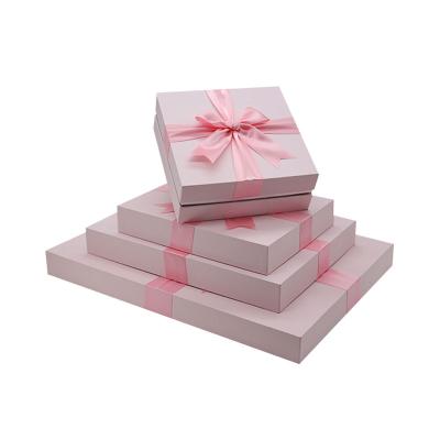 China Recycled Materials Custom Top And Base White T-shirt Scarf Jars Matte Pink Gift Box With Bow Paper Boxes for sale