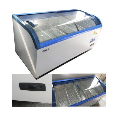 China Single-temperature Curved Refrigerated Glass Door Display Chest Freezer For Meat Seafood for sale