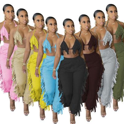 China 8 colors summer cute QUICK DRY letsss back bra top with tassels fringe jogger pants 2021 sexy 2 piece clothing set for women for sale