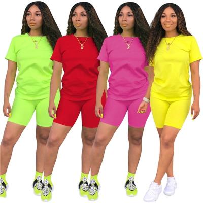 China 2021 New Arrivals Breathable Ladies Sets Solid Color Suit Jogger Short Sleeve Tops Shorts Two 2 Piece Women Casual Clothing Set W for sale