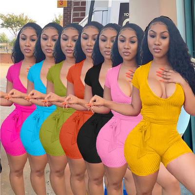 China 2021 New Arrival Women's Casual Breathable Elastic Jumpsuit V-Neck Short Sleeve Short One Piece Overalls Jumpsuits For Women for sale