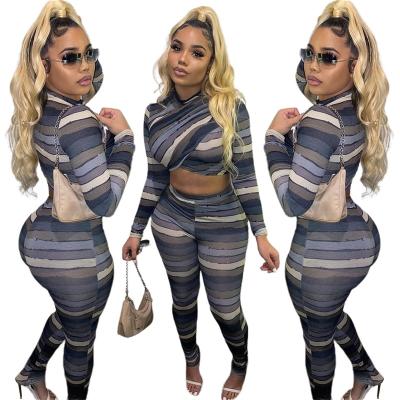 China 2022 Women Breathable Top Fashion And Crop Spring Clothing Long Pants Suit Stripes Printed Tight Two Piece Pants Set for sale