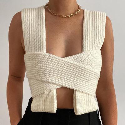 China 2022 Summer Breathable Ladies Bandage Sexy Tank Top Cropped Sleeveless Knitted Thick Criss-Cross Tops Women Sweater for sale