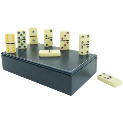 China Melamine Manufacturing Custom Leather Dominoes Sets Ivory Blocks Dots With Golden Spinner Double Colored Domino Six Domino Sets for sale