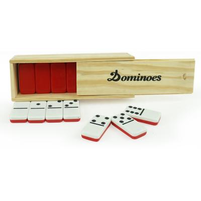 China Melamine Two-Tone Red Color Design New Sorts Dominoes Double Six Sets Of 28 Dominoes With Number Domino-tiles In Natural Wooden Case for sale