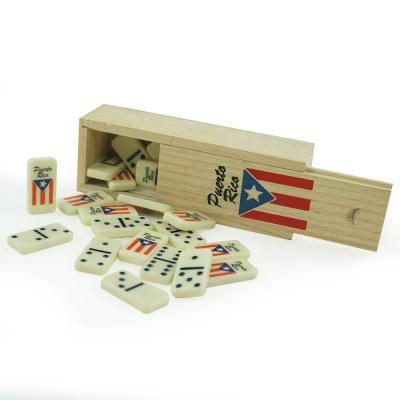 China Custom Made Puerto Rico New Design Kinds Domino Set Of Melamine Mini Wholesale Double Six Professional Ivory Dominoes In Wooden Box for sale