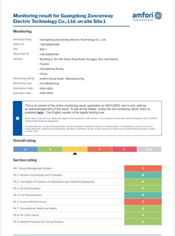 BSCI - Guangdong Zoncenway Electric Technology Co., Ltd.