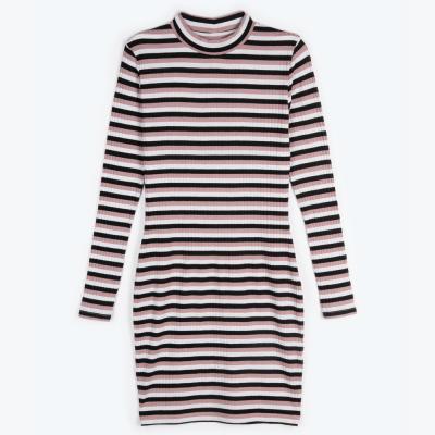 China 2021 New Fashion Anti-wrinkle High Collar Dye Stripe Women Dress for sale