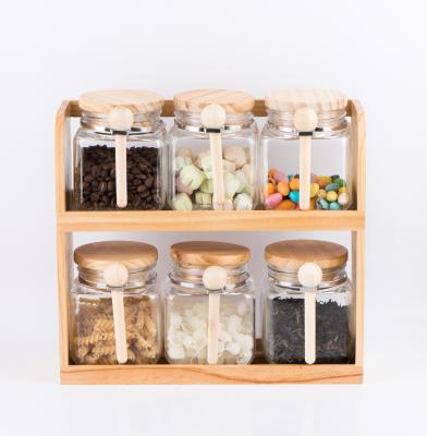 China Freshness Preservation CP171W 6pcs 500ml Square Food Storage Jar Glass Candy Jar With Lid & Wooden Spoon & Wooden Stand for sale