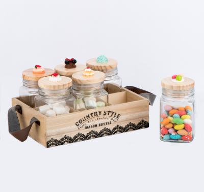 China Freshness Preservation 280ML Square Storage Glass Jar with Wooden Lid and Wooden Box with Decoration on the Lid (CCP524WH/6W) for sale