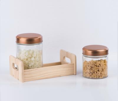 China Freshness Preservation CP216 2pcs Glass Spice Jar and Candy Jar with Copper Color Screw Metal Lid and Wooden Stand for sale