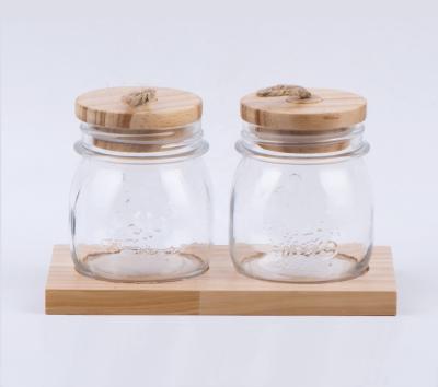 China Freshness Preservation 2pcs 280ml Food Glass Jars Glass Spice Jars Block Jar With Lid And Wooden Rack (TW1011) for sale