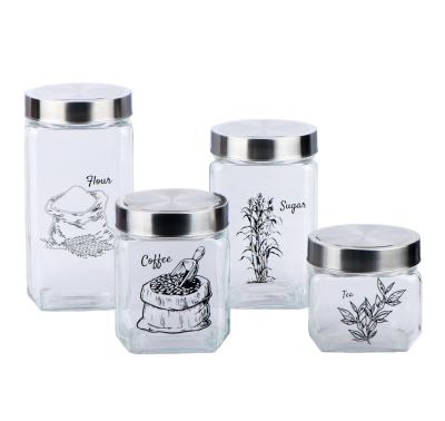 China Freshness Preservation CCP095K14 Square Jar Glass Food Glass Canister With Printing With Stainless Steel Window Lid for sale