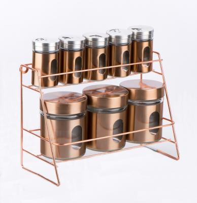 China CP063T2 8pcs Freshness Preservation Storage Glass Jar Set With Copper Color Stainless Steel Casing In And Metal Holder for sale