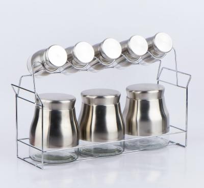 China Freshness Preservation CP224 8pcs Glass Candy Jar And Spice Jar Set With Wrap And Metal Rack for sale