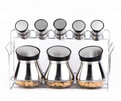 China Freshness Preservation CP211 8pcs Home Kitchen Glass Food Storage Jar and Spice Jar Set with Wrap and Metal Rack for sale