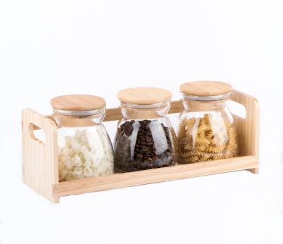 China Freshness Preservation GPG114 3pcs Set High Borosilicate Glass Jar With Bamboo Lid And Wooden Stand for sale