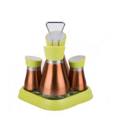 China Freshness Preservation TW1099 4pcs 380ml Oil Vinegar Bottle 120ml Salt Pepper Glass Shaker With Metal Wrap And Plastic Holder for sale