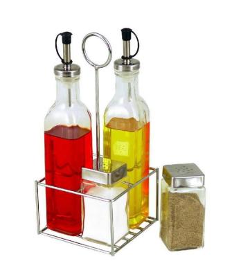 China 4pcs 280ml Viable Square Oil Vineger 110ml Salt Pepper Glass Condiment Set With Metal Holder (TW483) for sale