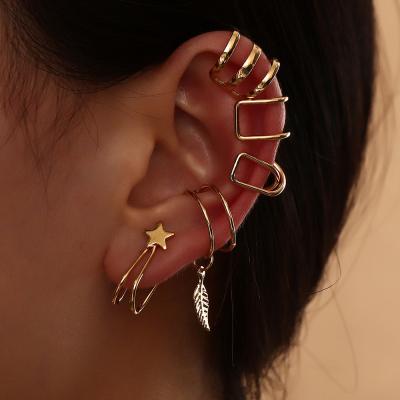 China New Arrival Lead Free Nickel Free 5 PCS Real Gold Plated U Shape Leaf Cuff Earrings Metal Star Cuff Earrings Set For Women for sale