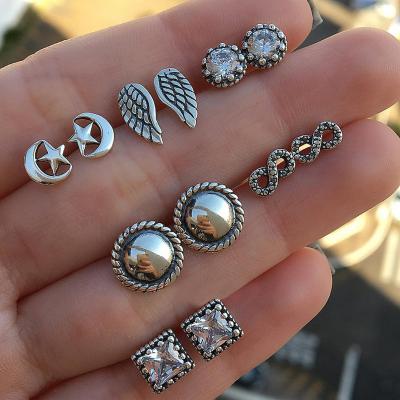 China 2020 Newest Antique FASHIONABLE Silver Wings Star Moon Stud Earrings 6 Pairs Set Crystal Stud Earrings for sale