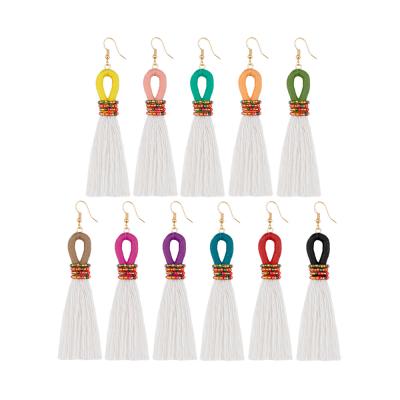 China BOHEMIA 2021 Colorful Sead Beads Retro Long Fringe Hook Earrings New Fashion Cotton Rope Tassel Women Braided Earrings Wholesale for sale