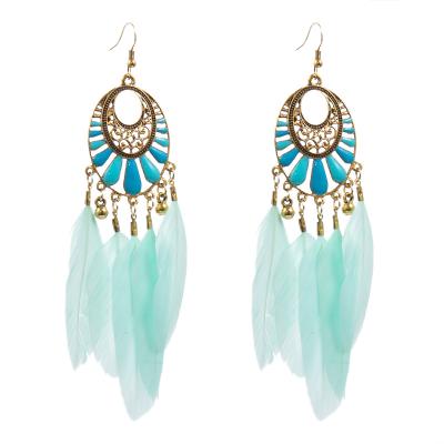 China BOHEMIA Alloy Ethnic Hollow Oval Earrings Feather Bohemian Fairy Earrings For Women for sale