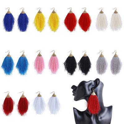 China Statement Bohemian Silky Tassel Fringe Fan Lightweight Yarn Strand Feather Tassel Earrings Bohemian Statement Earrings for sale