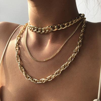 China Hot Sale Summer Lead Free Nickel Free Hip Hops 18k Gold Plated Layered Necklace 3Pcs Cuban Chain Thick Punk Women Chunky Link Chain Necklace For for sale