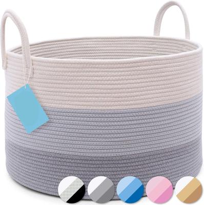 China Round Sustainable Baby Laundry Woven Toy Storage Basket Set Cotton Rope Kids Jute Home Storage Baskets With Long Handles for sale