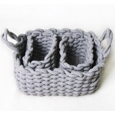 China Hot Sale Sustainable Woven Storage Basket Eco-Friendly Cotton Rope Basket Organizer With Leather Handles for sale