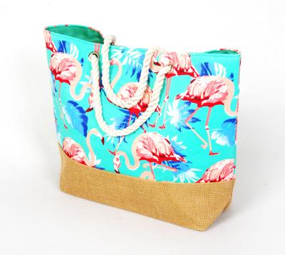 China Other Popular Beach Bag Wholesale Flamingo Style Jute Tote Bag Summer Eva Liner Beach Bag for sale