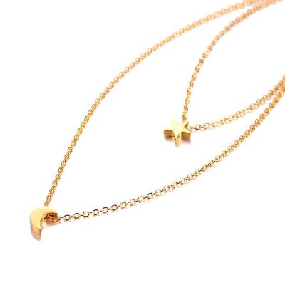 China New Product Stainless Steel Double Layer Star Moon Necklace Simple Temperament Gold Layered Chain Set Female for sale