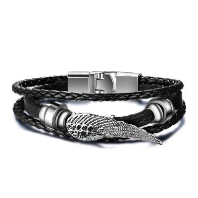 China Environmental Friendly Genuine Leather Magnetic Clasp Angel Wing Jewelry Stainless Steel Bracelet For Men for sale