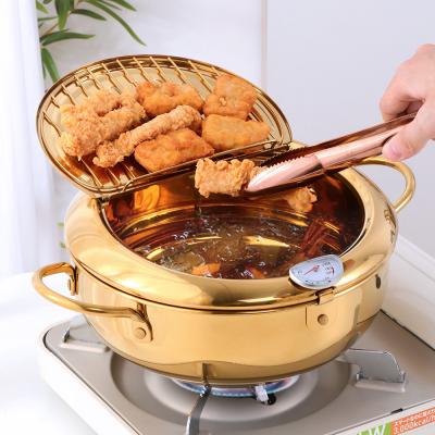 China Sustainable Kitchen Cooking Tools Thermometer Fryer Pan Temperature Control Stainless Steel Frying Pot for sale