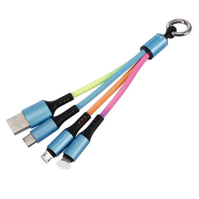 China Mobile Phone Rainbow 3 in1 USB Fast Charging Key Chain Cable Nylon Braided Charging Data Cable For i11Pro USB Android Micro C Type for sale