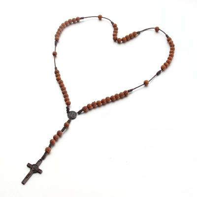 China Religious in the stock pink resin beads woven to thread retro cross catholic christianity necklace manufacturers direct sales bestseller for sale