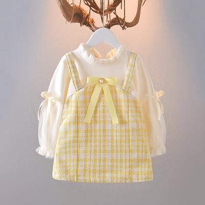 China 2022 Spring Summer Breathable Toddler Babies Dresses 2 Pcs Sets Wholesale Toddler Girls Dresses Kids Clothing Yellow Plaid Cotton for sale