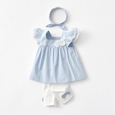 China Cute Washable Baby Girl Clothes Set 2pcs Kids Baby Girl Summer Pattern Floral Sky Blue Sets Kid Clothing for sale