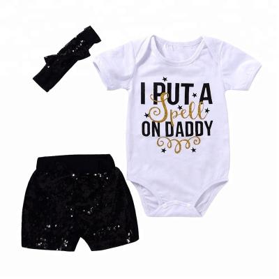 China Wholesale breathable summer cotton baby rompers fashion lovely romper+sequin shorts+hair band 3pc baby boutique clothing set for sale