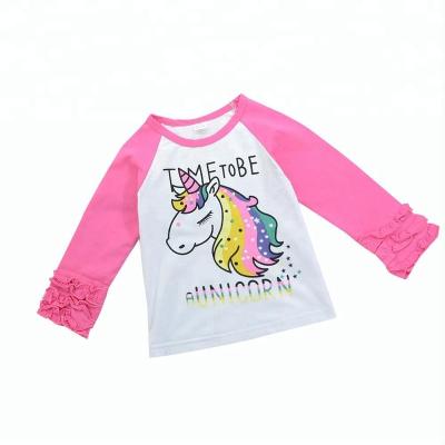 China Wholesale Adorable Girls Breathable Unicorn Shirt Printed Cotton Ruffle Long Sleeves for sale