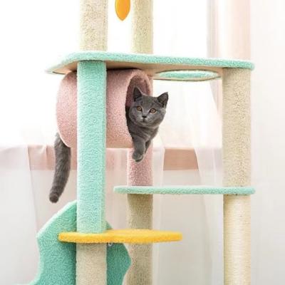 China Sustainable Plush Cat Tree Tower Large Luxury Green Wooden Cat Scratcher Post Tower Perch Scratching Board Cat for sale