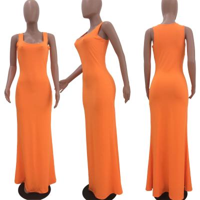 China Logo Label Women Summer Solid Private Custom Made Washable Colors Sundress Floor Length Round Neck Long Sleeveless Maxi Dress for sale