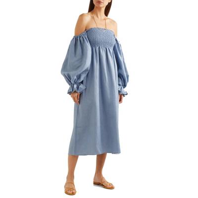 China High Quality Sleepwear Fashion Breathable Design Off The Shoulder Polka Dot Bubble Midi Linen Dress for sale