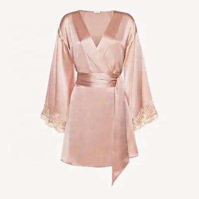 China Breathable Women Sheer Color Waffle V-neck Double Pockets Pink Long Robes Pajamas With Belt for sale