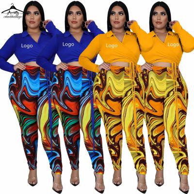 China 2022 New Fashion XL-5XL Polo Collar Top And Print Anti-Static Pants Set Plus Size Women's Main Crop Set 2 Piece Gaiters for sale