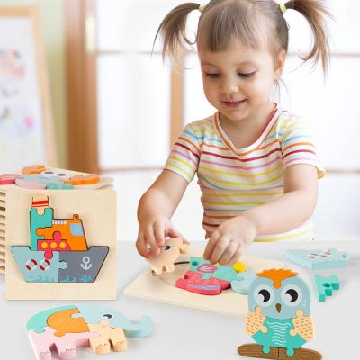 China Toy Top Sale 3D Wooden Puzzles Cartoon Animals Educational Wooden Cognitive Brain Teaser Kids Toys For Baby Kids Jigsaw Toy for sale