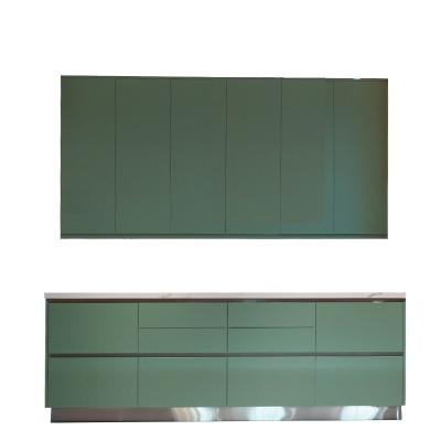 China Durable kitchen cabinet handleless design furniture Light Green Glossy Locker made in China kitchen cabinet modern for sale