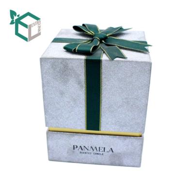 China Handmade Unique Silver Glitter Bling Shiny Shiny Finishing Packaging Paper Gift Box Fancy Rigid Candle Packaging Boxes With Ribbon for sale